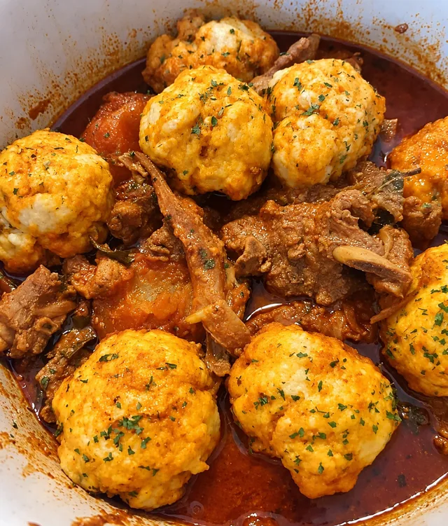 Dumplings cooking in curry sauce