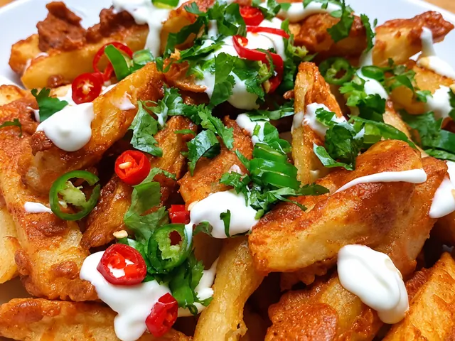 Masala chips topped with chillies, herbs and sauce