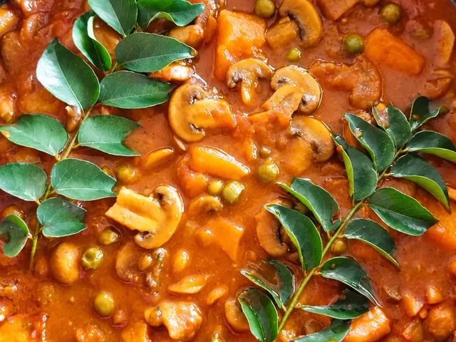 Mushroom, pea and potato curry with curry leaves