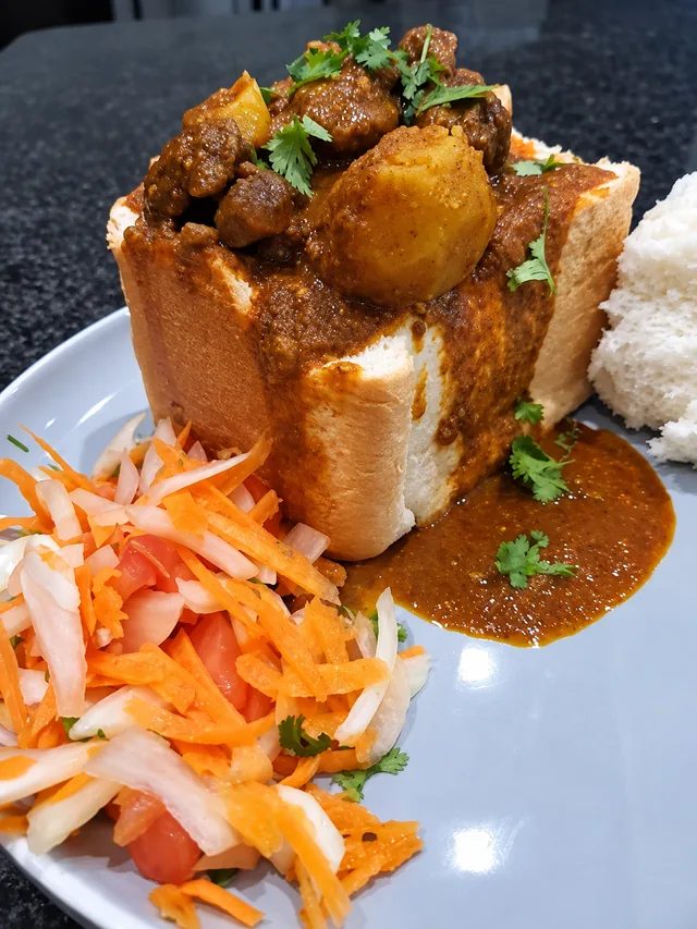 AI recreation of mutton bunny chow served with carrot salad