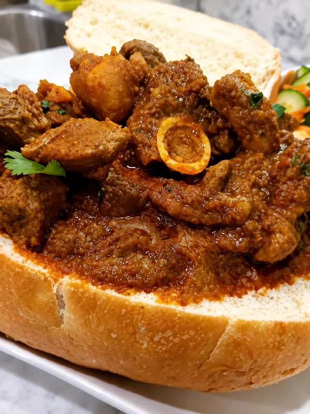 Mutton curry served in sourdough bread