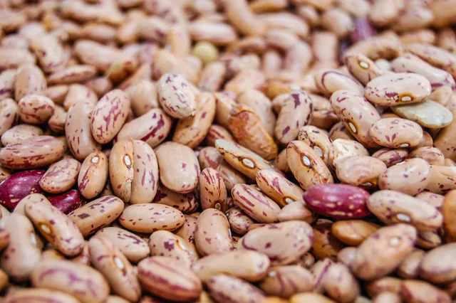 Close-up of cream-coloured dried beans with red and purple speckles.