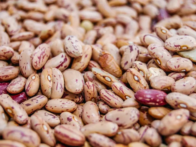 Close-up of cream-coloured dried beans with red and purple speckles.