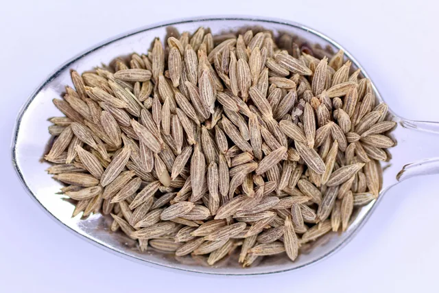 Close-up of whole cumin (jeera) seeds piled on a metal spoon.