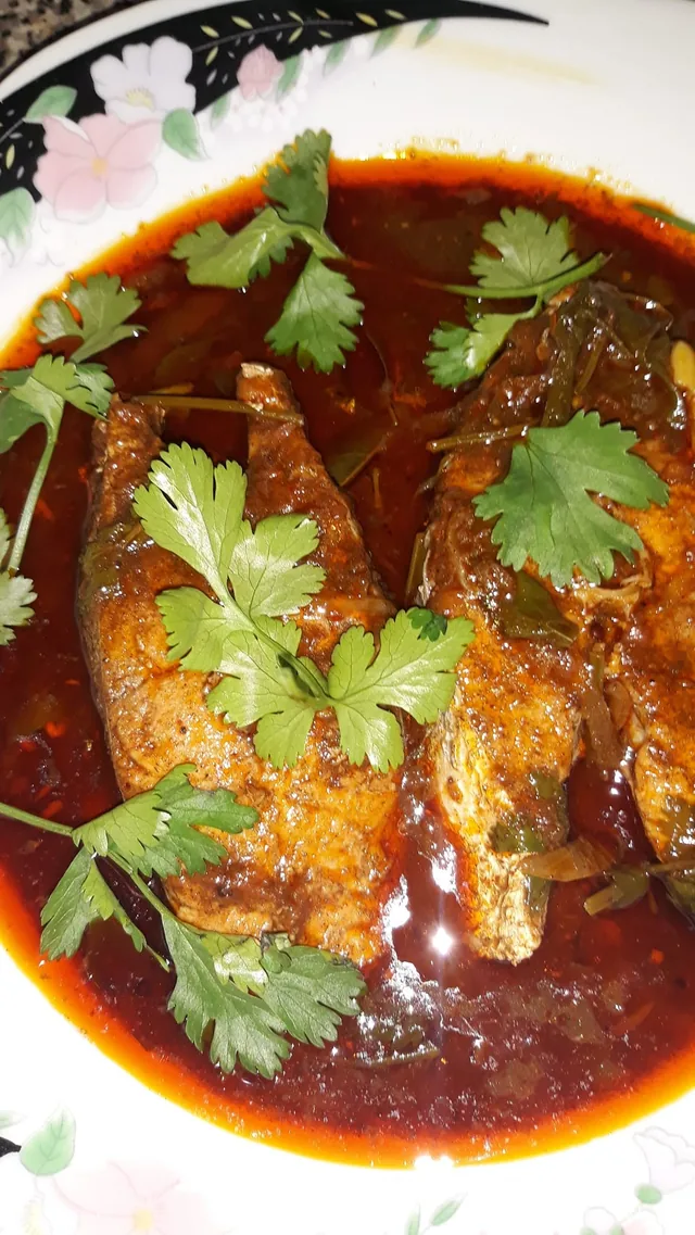 Jan Pillay’s fish curry in a red gravy, garnished with fresh dhania on a floral plate