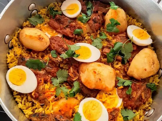 Miquel’s tinned fish breyani with halved eggs