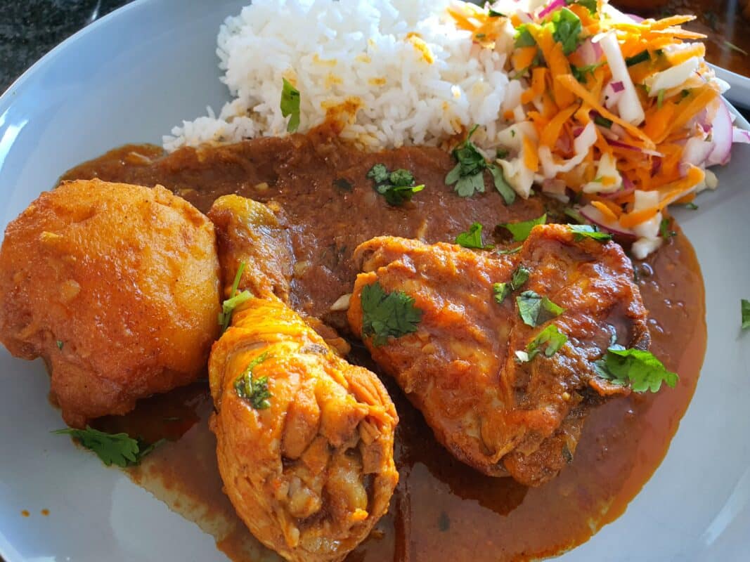 durban chicken curry and sambals